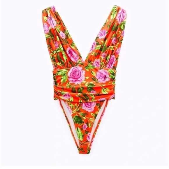 NEW Zara Thick Strap Floral Printed Draped Bodysuit Size Small Vacation NWT - Picture 2 of 9